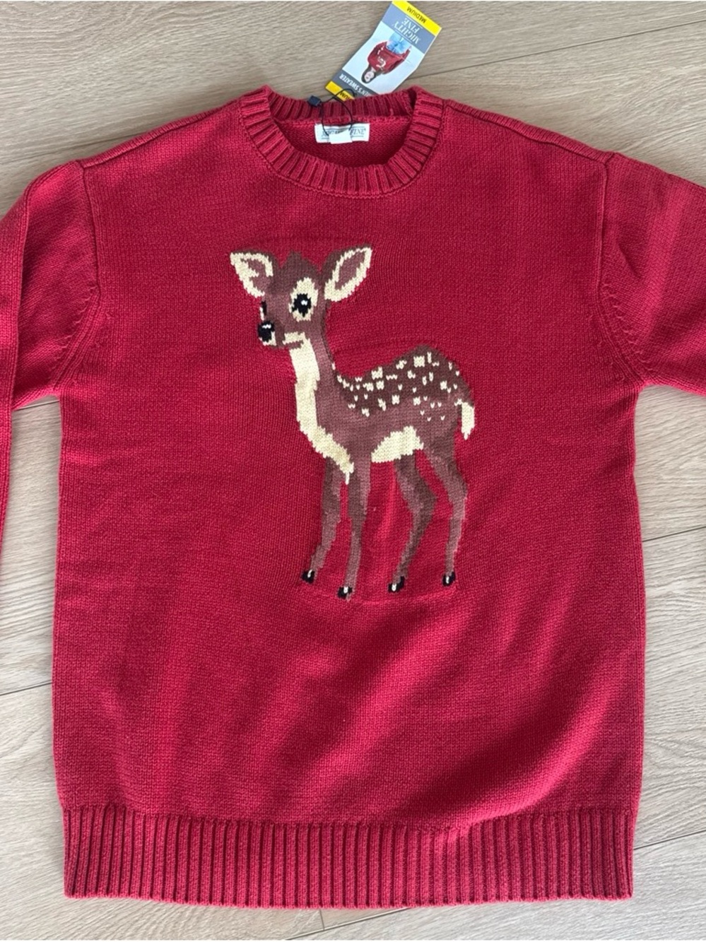 Mighty Fine Red Crewneck Sweater with Deer Intarsia